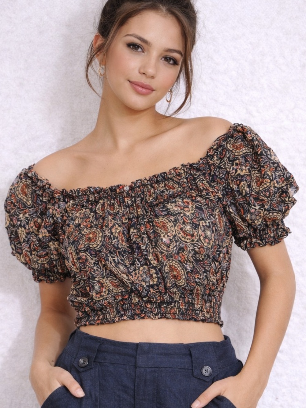 Poetry Black Multicolor Paisley Smocked Off-Shoulder Crop Top